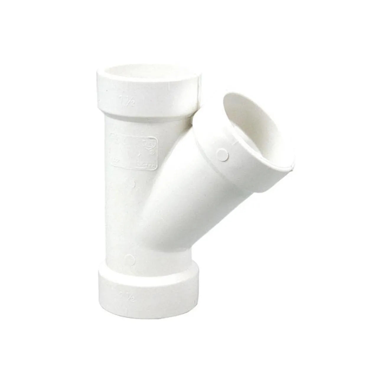 The Go Build 3 in. x 3 in. x 2 in. PVC Wye All Hub is a white Y-shaped plastic fitting with three openings, ideal for connecting pipes at angles in DWV plumbing systems.